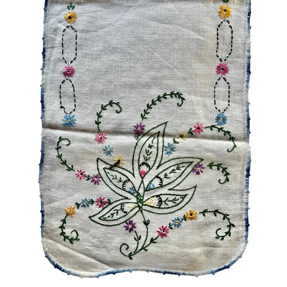 Vintage Hand-Embroidered Floral Table Runner Blue Crocheted Lace Edge 32